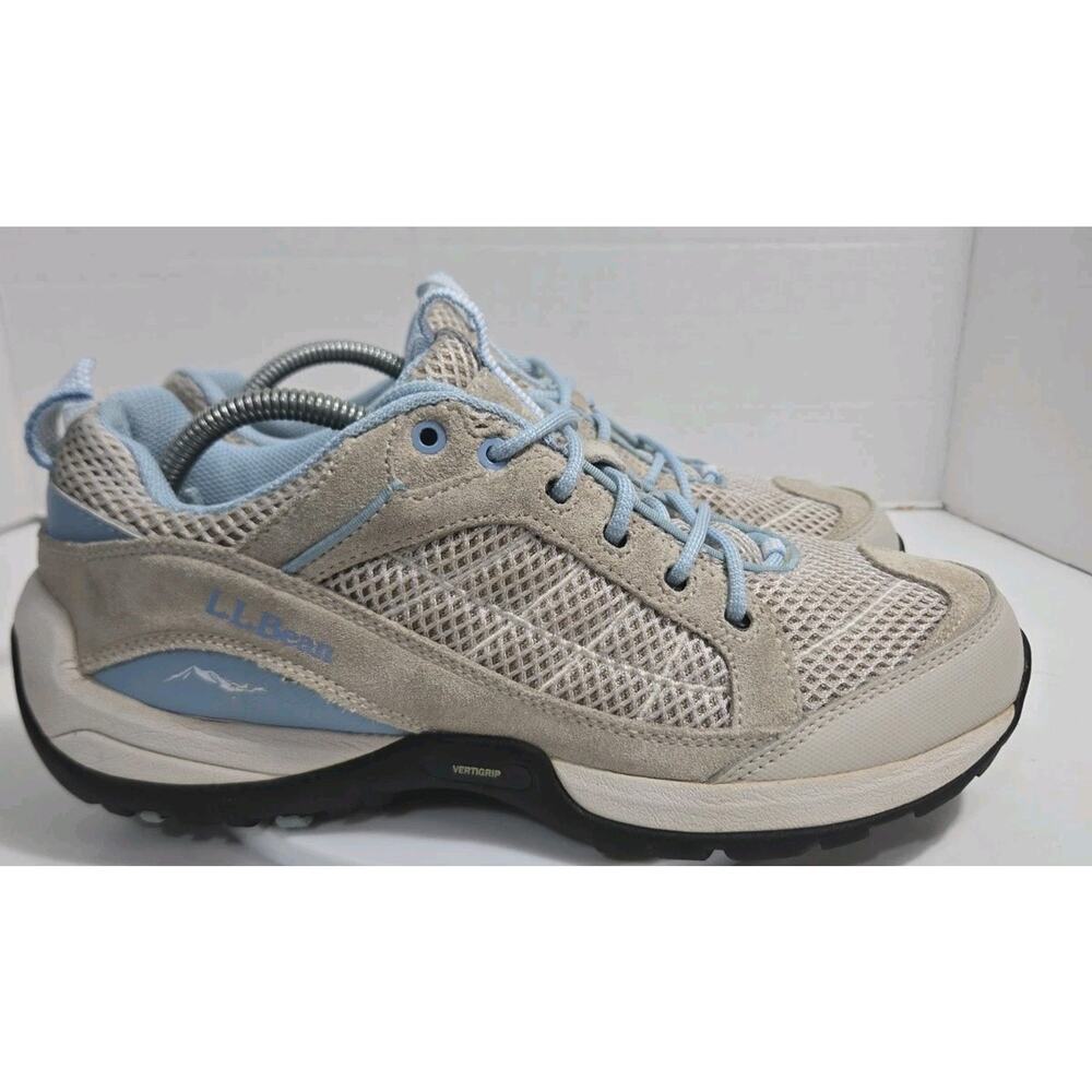 LL Bean Vertigrip Beige Blue Suede Mesh Hiking Sneakers 287283 Women's Size 11 M